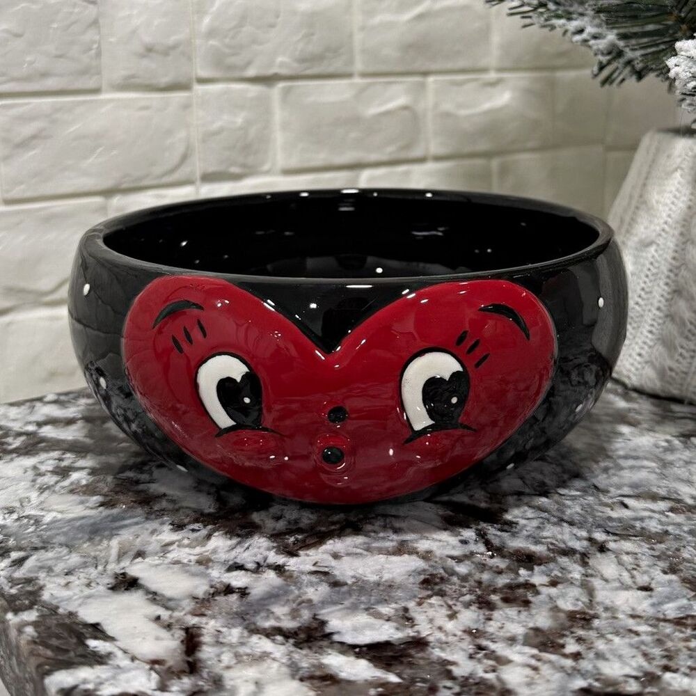 Johanna Parker Valentines Heart Face Bowl Black Red White Polka Dots Ceramic
